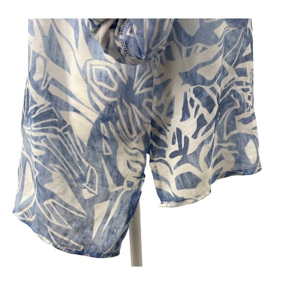 Grand & Greene Blue White Tropical Sheer Tunic Blouse L Roll Tab Sleeve Top - Picture 8 of 15